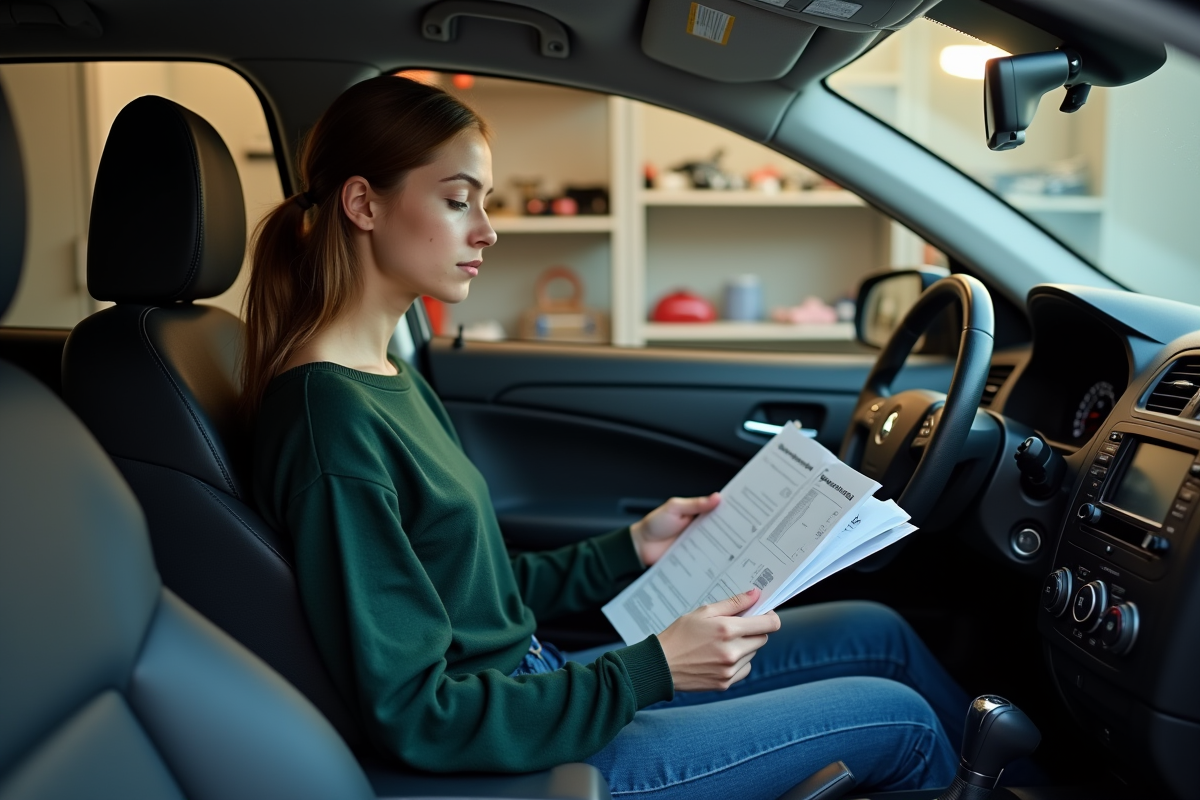 Jeune femme regardant un manuel de voiture dans un garage