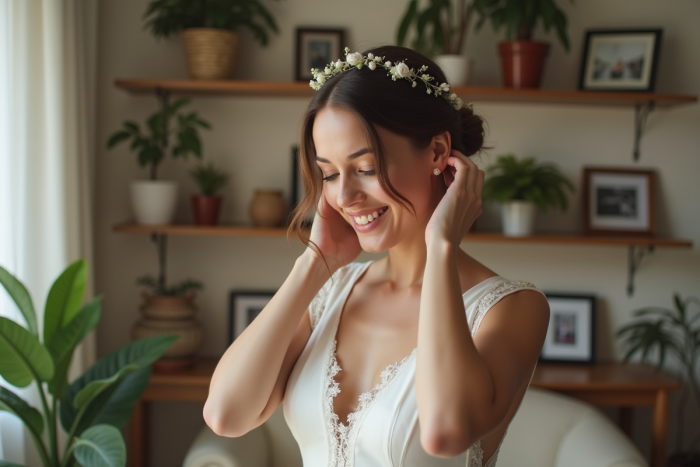 Femme souriante en robe de mariage simple dans un intérieur chaleureux