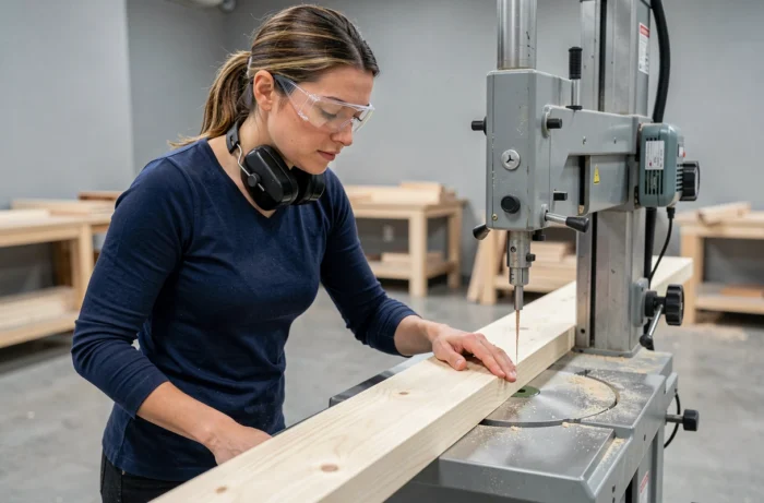 Menuisière professionnelle positionnant une moulure en pin sur une scie radiale avant une coupe en biseau