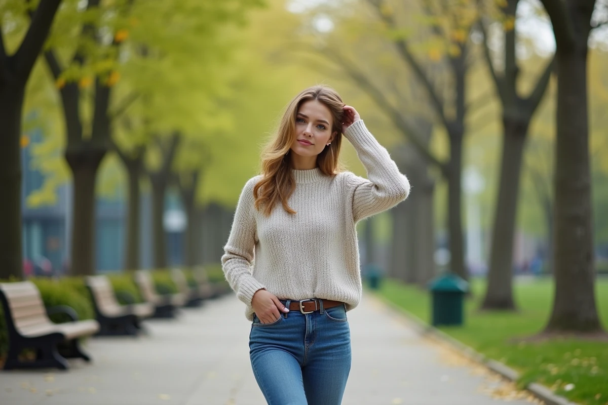 Femme en jeans et pull dans un parc urbain