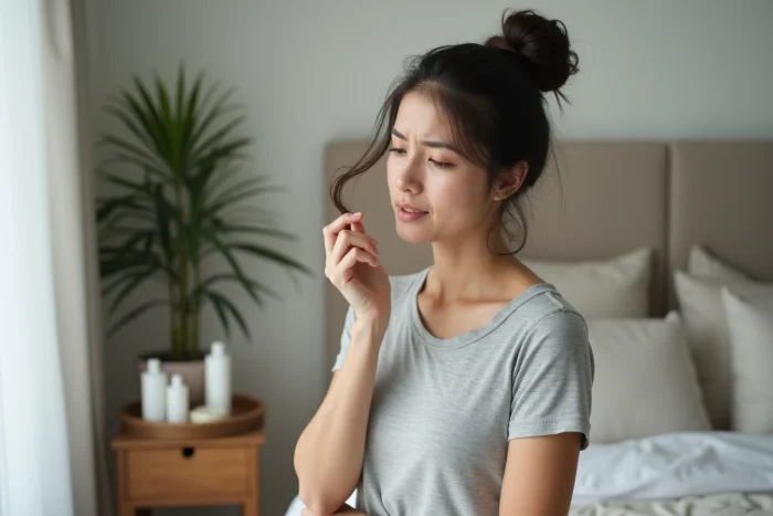Femme examinant ses cheveux avec inquiétude dans une chambre, illustrant la problématique de la chute de cheveux et la recherche d'un soin efficace