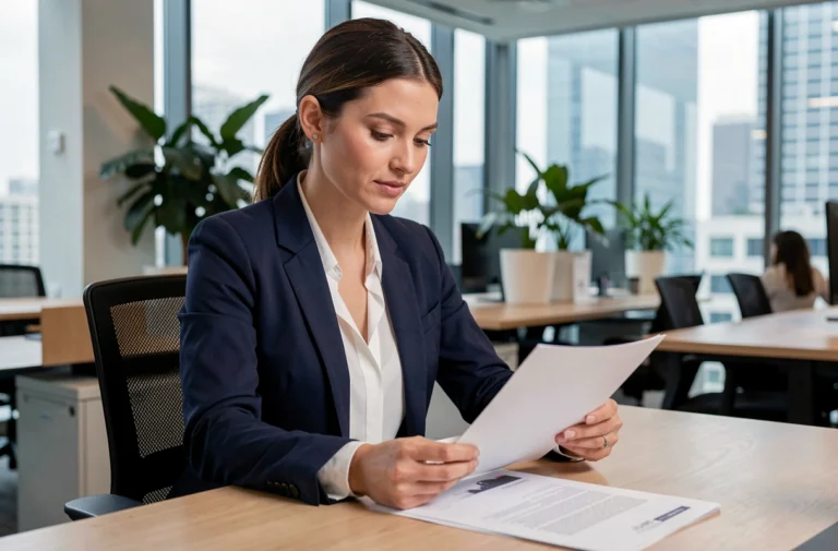 Femme professionnelle en blazer marine consultant des documents d'emploi dans un bureau moderne