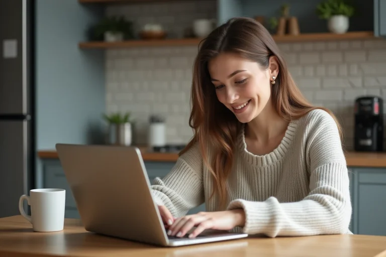 Femme détendue utilisant son ordinateur pour recharger son mobile à la maison