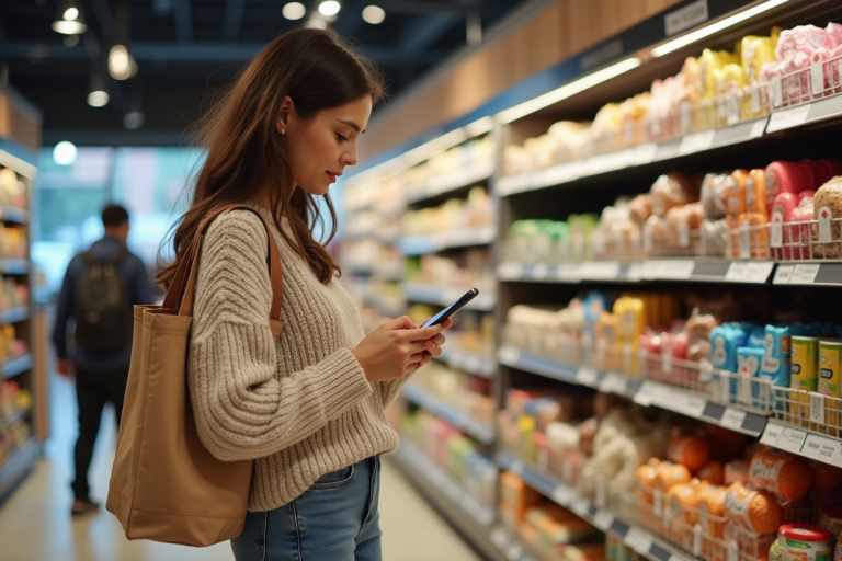 Jeune femme dans un supermarché vérifiant sa liste de courses