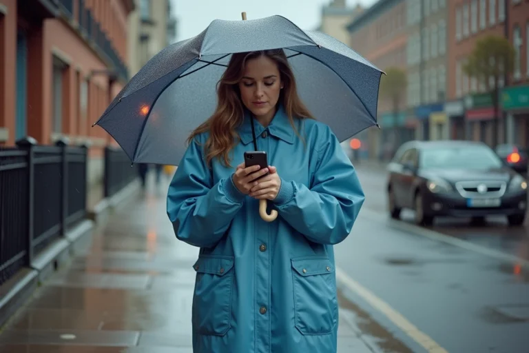 Femme urbaine en imperméable bleu vérifiant son smartphone sous la pluie