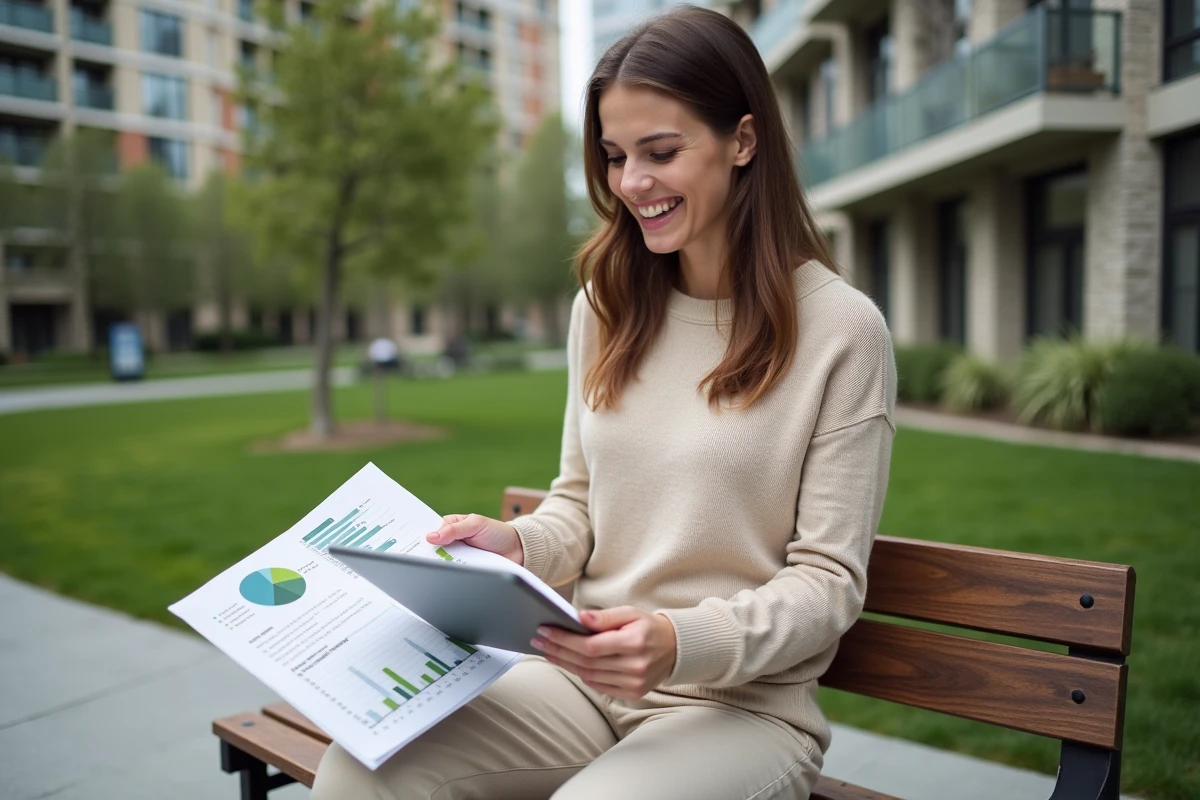 Jeune femme souriante comparant graphiques SCPI en extérieur dans un parc urbain
