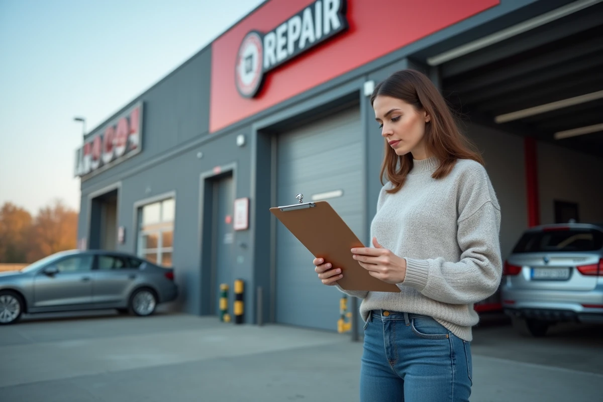 Jeune femme vérifiant une checklist devant un garage moderne