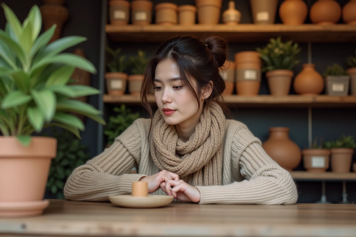 Jeune femme examine un objet artisanal en boutique écologique