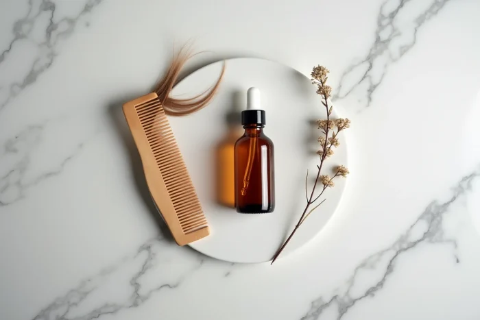 Flacon de soin capillaire anti-chute posé sur un comptoir en marbre avec peigne en bois et herbes séchées, présentation produit minimaliste