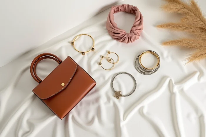 Flat lay d'accessoires de mode tendance 2024 sur lin blanc : sac cognac, bracelets dorés, headband en soie et boucles d'oreilles géométriques
