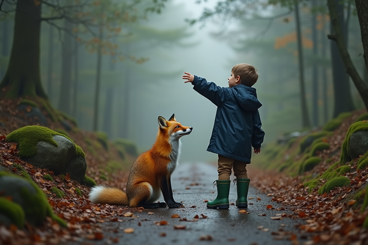 Jeune garçon avec un renard dans la forêt brumeuse
