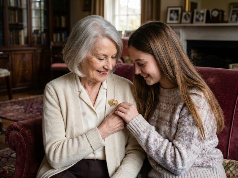 Photo d'une grand-mère et sa petite fille souriantes avec une broche en or