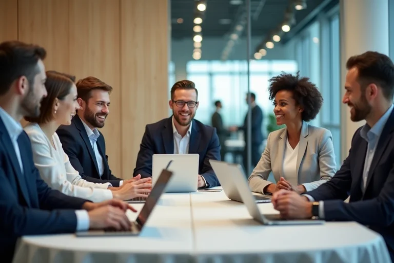 Groupe de professionnels en réunion dans un bureau lumineux