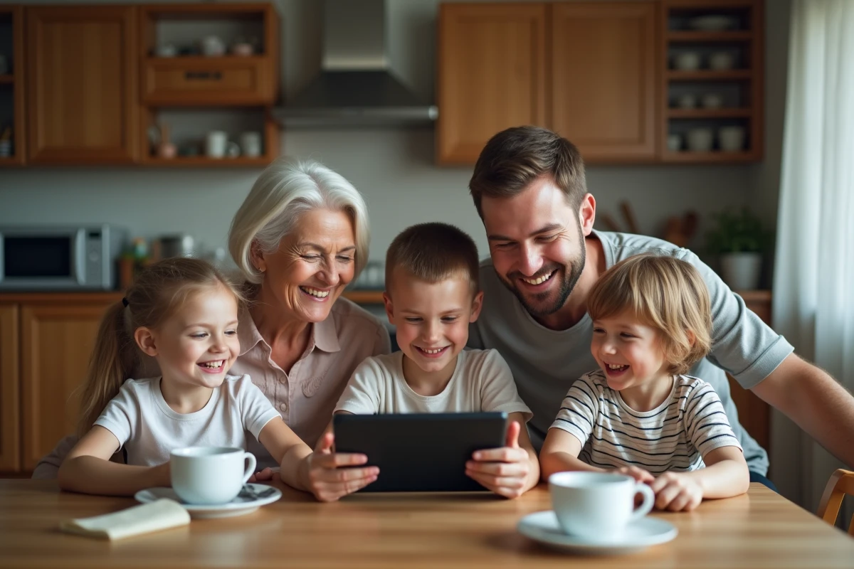 Trois générations partageant un moment convivial à table