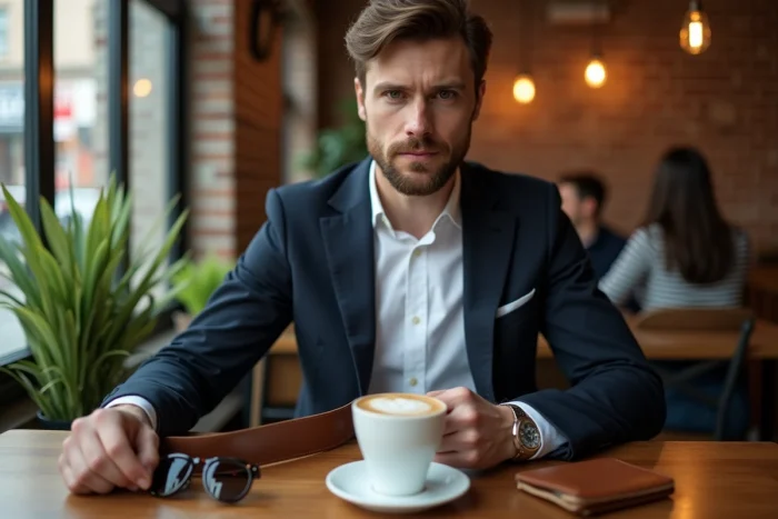 Homme en blazer marine assis dans un café avec des accessoires de mode masculins : ceinture en cuir, lunettes écaille et porte-cartes