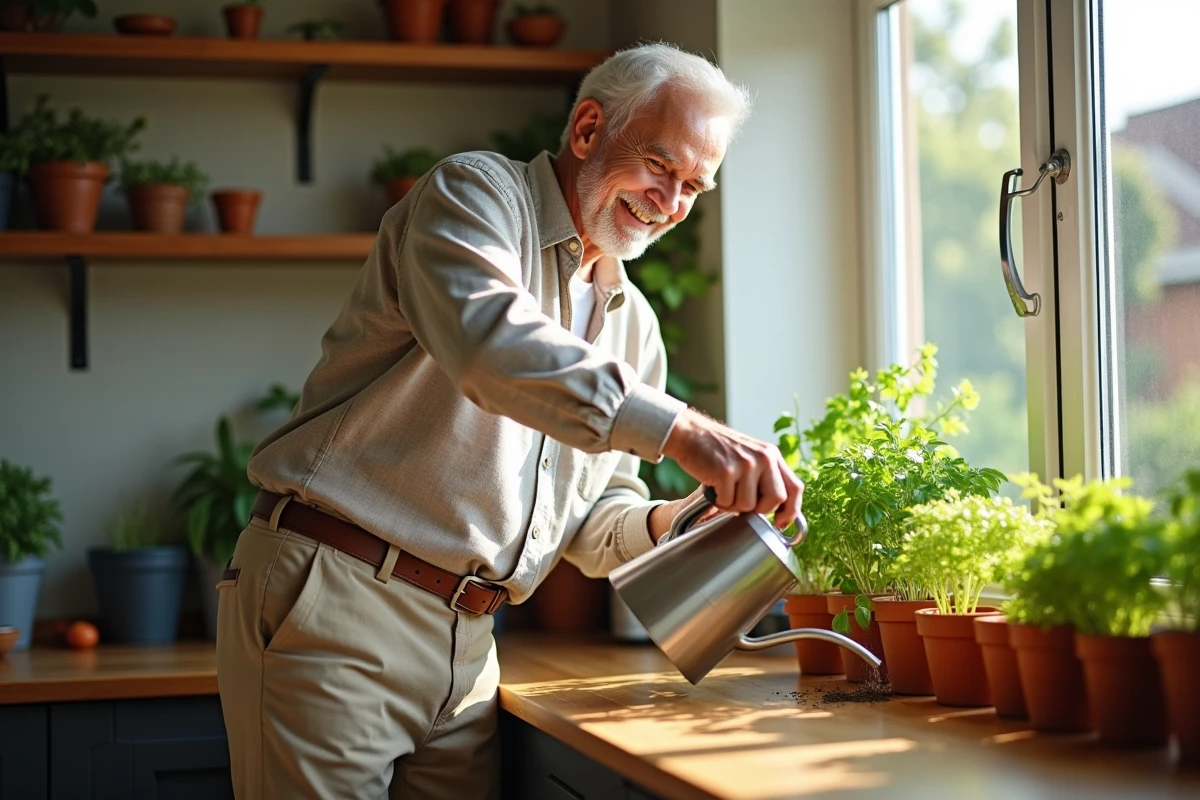 Homme âgé arrosant plantes aromatiques en intérieur