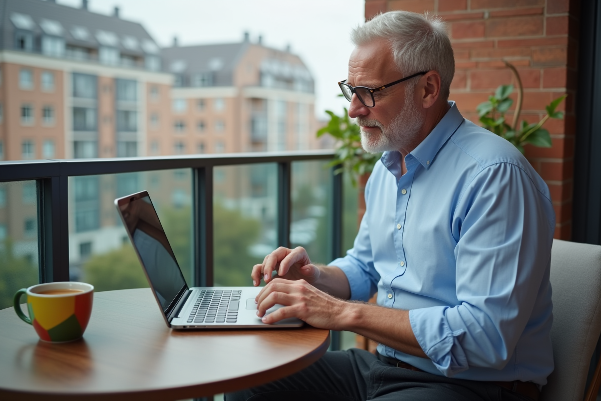 Homme travaillant sur balcon avec tasse et tablette