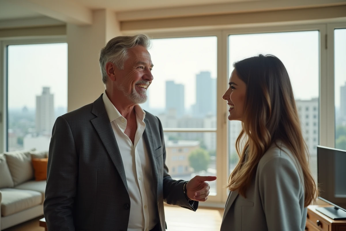 Homme souriant montrant un appartement lumineux à une femme