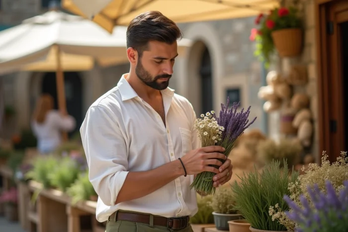 Homme choisissant des herbes médicinales fraîches sur un marché provençal pour sa pratique naturopathique