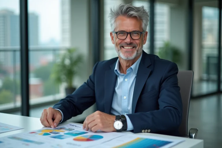 Homme d'âge moyen en costume bleu analysant documents SCPI dans un bureau lumineux