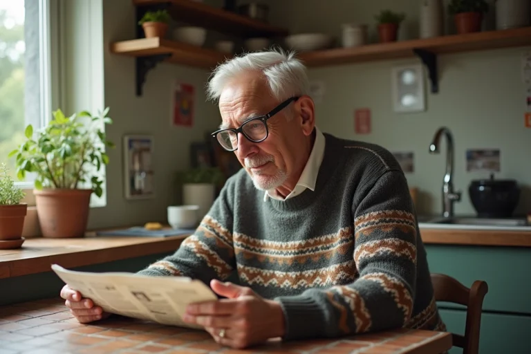 Homme d'âge moyen lisant un journal vintage dans une cuisine chaleureuse