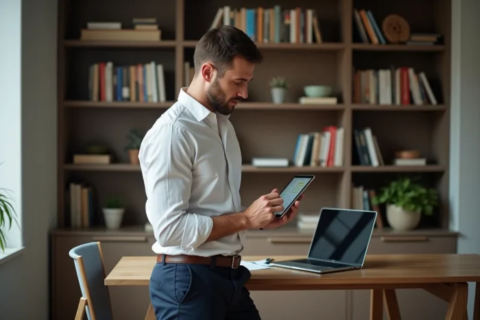 Homme naviguant sur un sitemap de site web via une tablette dans un bureau à domicile