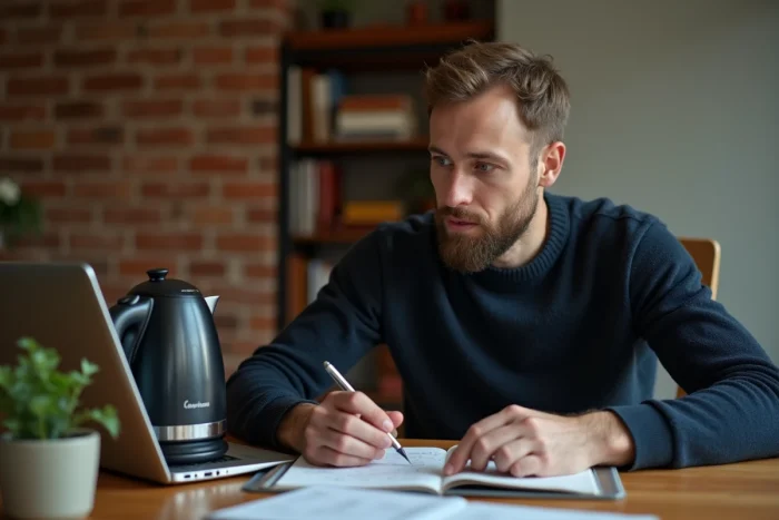 Homme comparant les puissances de bouilloires électriques sur un ordinateur portable dans un bureau à domicile