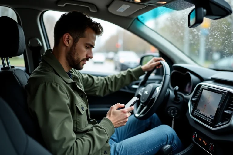 Jeune homme dans la voiture planifiant un trajet avec son smartphone