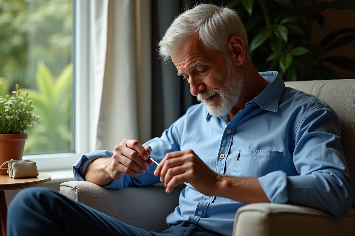 Homme se sculptant les ongles avec des outils dans un cadre naturel