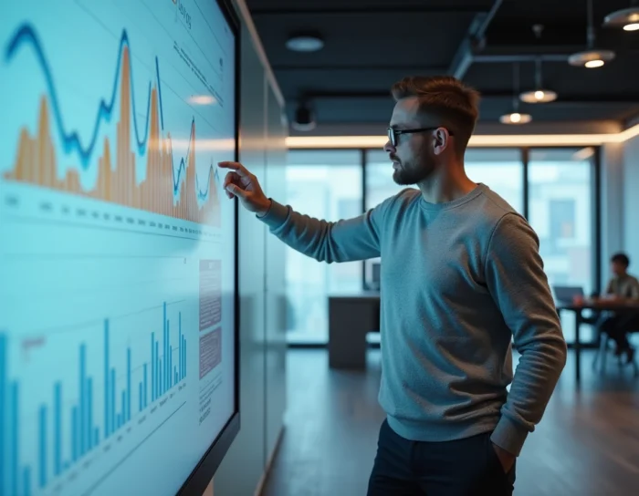 Homme d'affaires présentant des tendances du marché de l'emploi sur écran numérique en salle de réunion