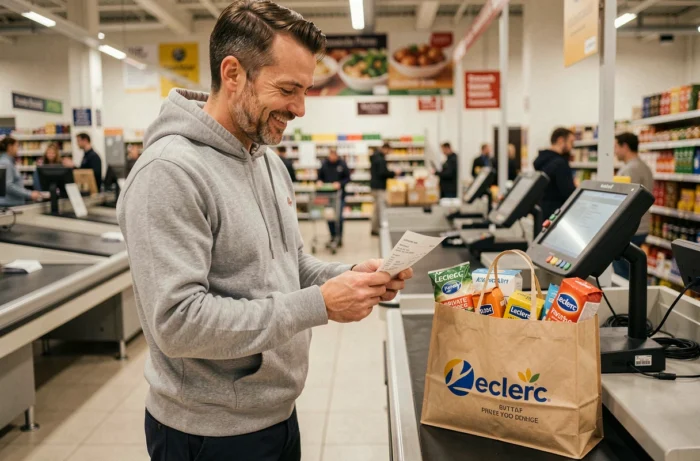 Homme vérifiant son ticket de caisse après des achats de produits marque repère Leclerc
