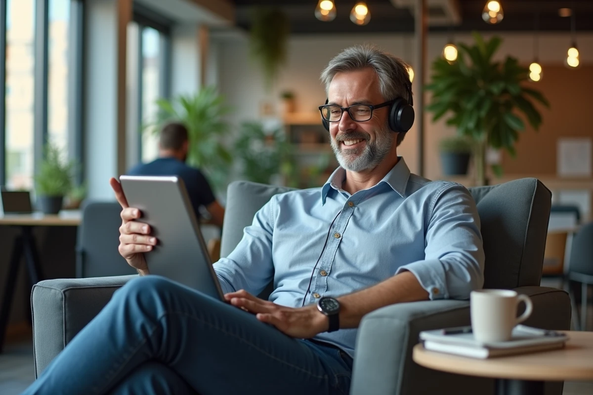 Homme en ligne webinar dans un espace de coworking moderne