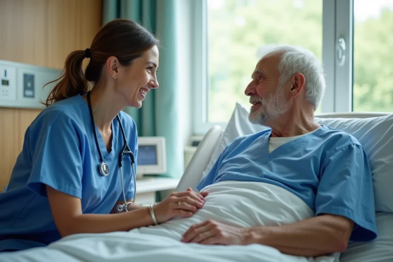 Infirmière en scrubs bleus avec patient âgé dans chambre