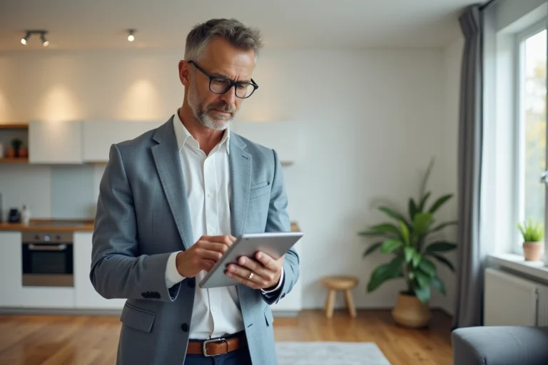 Inspecteur immobilier avec tablette dans un appartement moderne Rennes