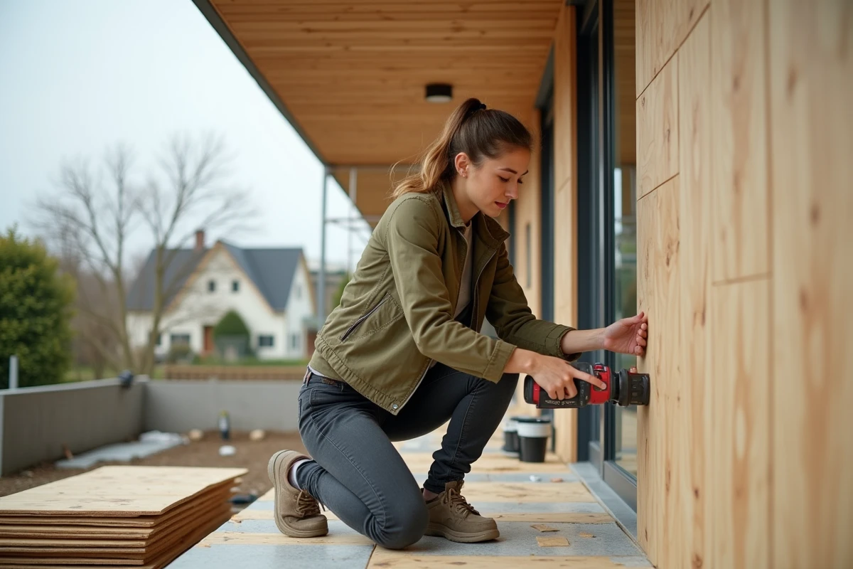 Jeune femme installe des panneaux Duraboard sur une façade