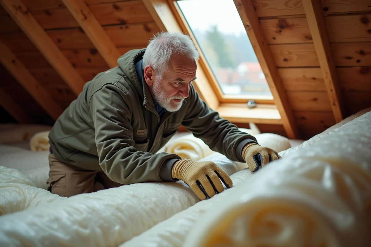 Ouvrier installant isolation écologique dans un grenier