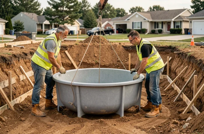 Installation d'une piscine en fibre de verre lors de la mise en place dans une tranchée par des ouvriers professionnels