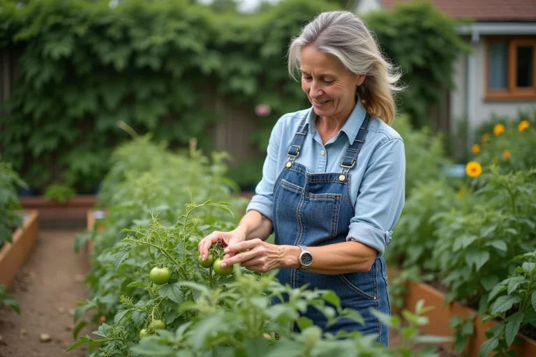 Femme en jardinage prune des tomates vertes