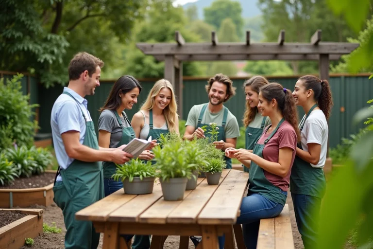 Groupe d'adultes dans un jardin communautaire verdoyant