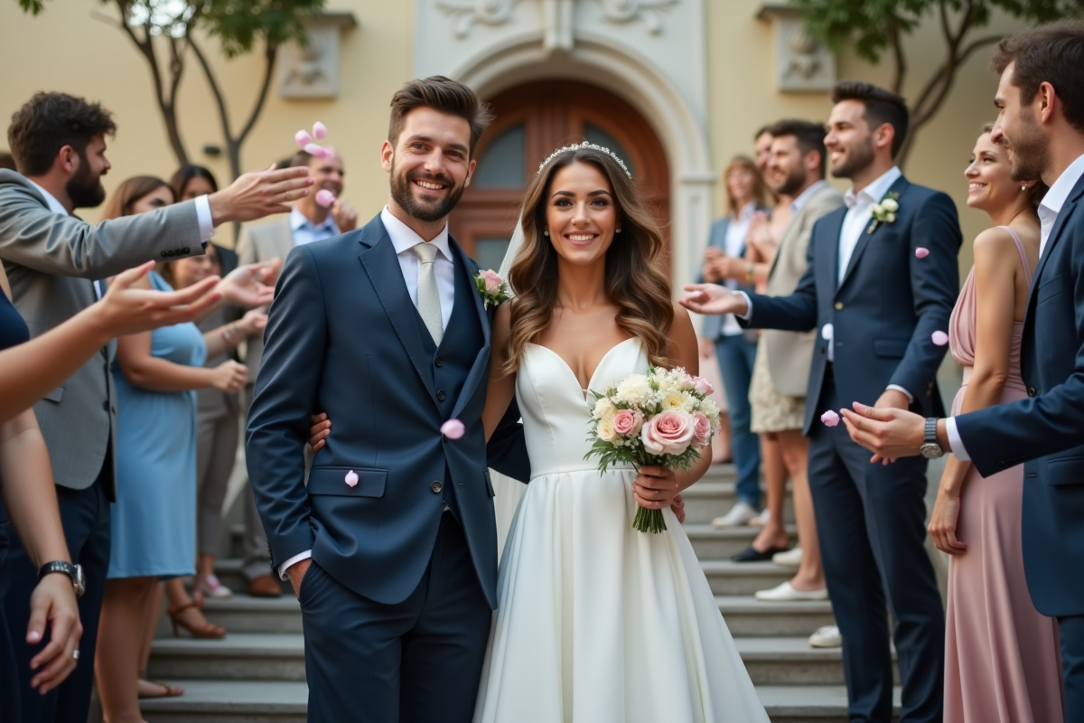 Jeune couple heureux après mariage civil en extérieur avec amis