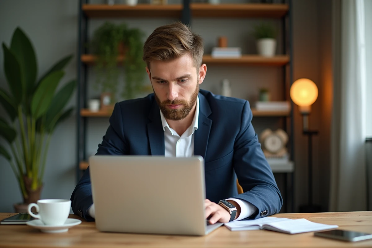 Jeune entrepreneur concentré sur son ordinateur à domicile