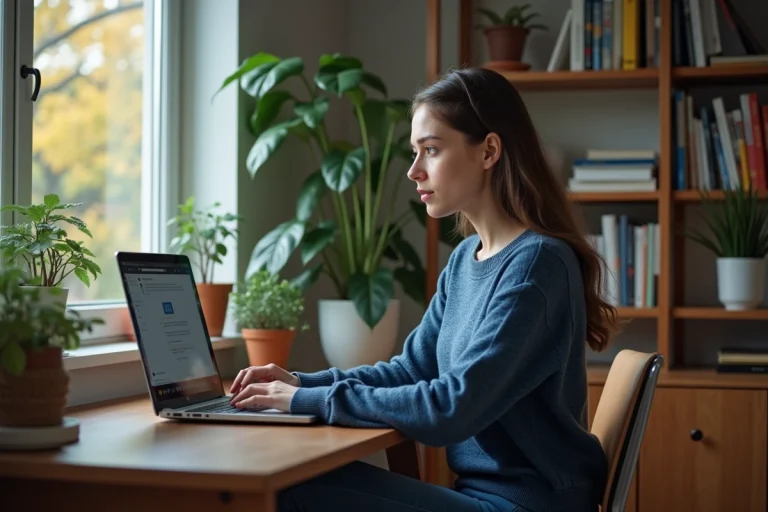 Jeune femme concentrée sur son ordinateur dans un bureau cosy