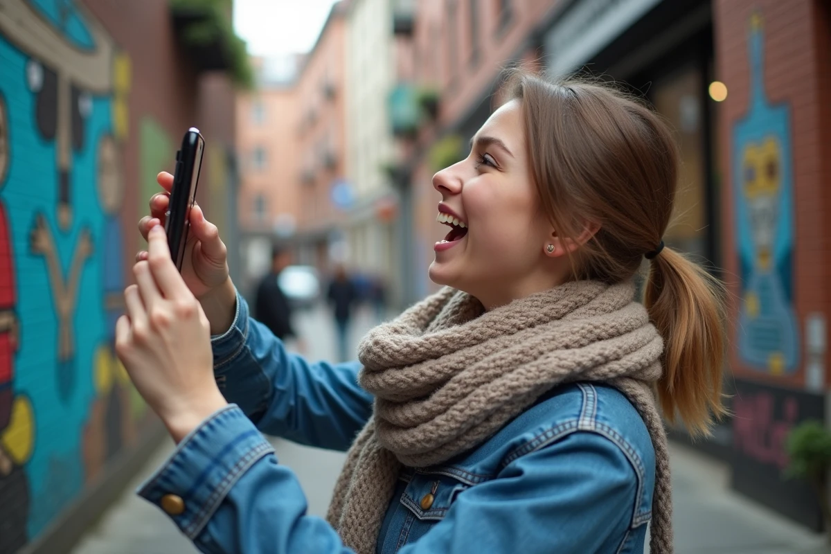 Jeune femme découvrant une installation de street art urbaine