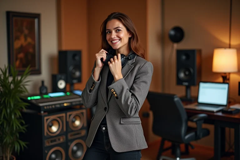Jeune femme albanaise dans un studio de musique moderne