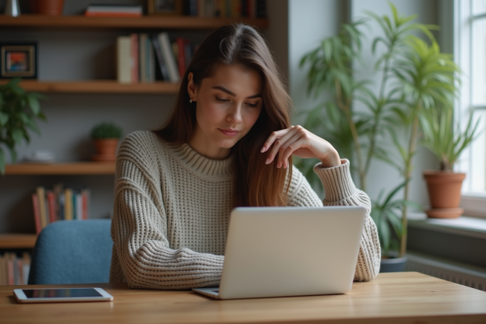 Jeune femme concentrée sur son ordinateur dans un home office