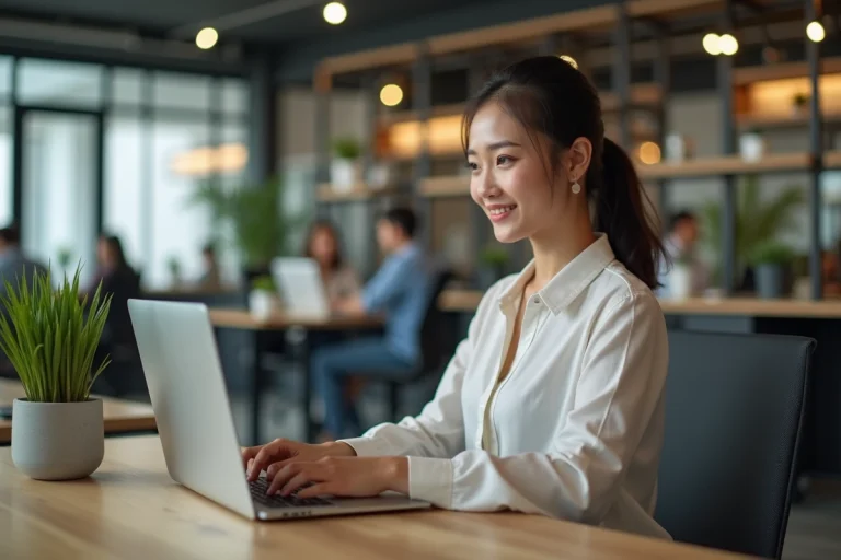 Jeune femme professionnelle travaillant sur un ordinateur dans un espace coworking
