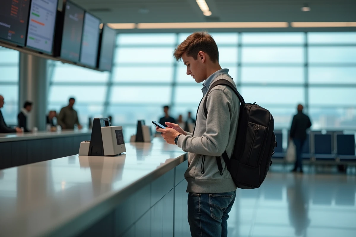 Jeune homme attendant à un comptoir d