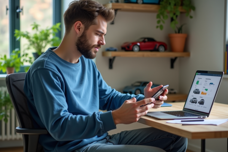 Jeune homme en casual utilisant un site auto sur son ordinateur