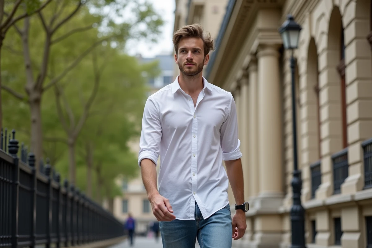 Jeune homme décontracté marchant devant un bâtiment parisien