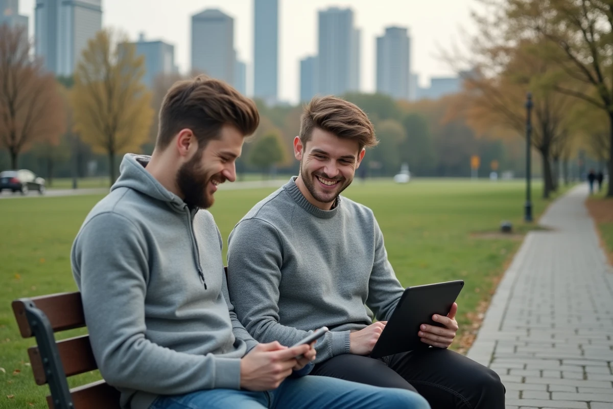 Jeune homme partageant des fichiers sur une tablette dans un parc